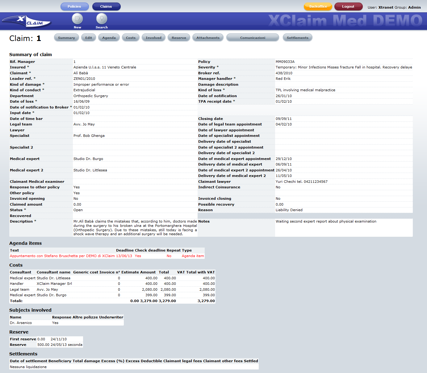 Pagina del Software Gestionale Sinistri medmal